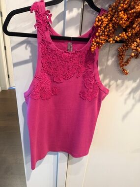 Anthropologie Fuchsia Embroidered Scoop Neck Tank